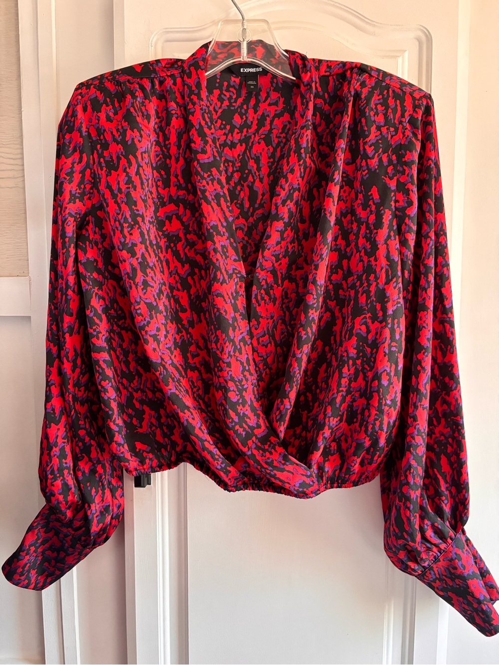 Express Red & Black Draped Wrap Blouse